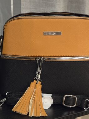 Two-Tone Black and Mustard Crossbody Bag with Tassel